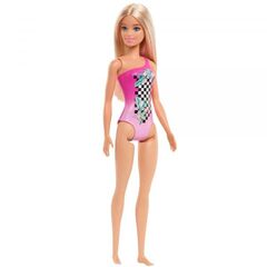Barbie Beach Doll in Pink Checkered Swimsuit with Straight Blonde Hair