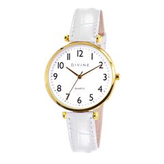 Divine Simply Classic Arabic Dial Gold Ladies Watch - White Leather
