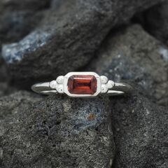 Garnet Emerald Cut Horizontal Ring with Silver Details