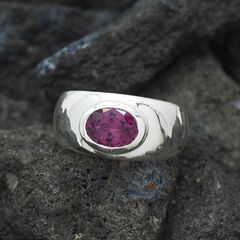 Garnet Oval Cut Ring Tapered Silver Band