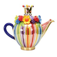 Mary Rose Young - Giant Crown Lidded Encrusted Teapot Lustred Stripes