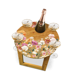 BAMBOO PICNIC TABLE. FOLDING LEGS. 4 WINE GLASS HOLDERS. 40CM. SUMMER POPPIES. RRP $89.99.