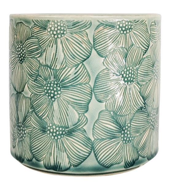 Pot Etched Flower Turquoise 12cm