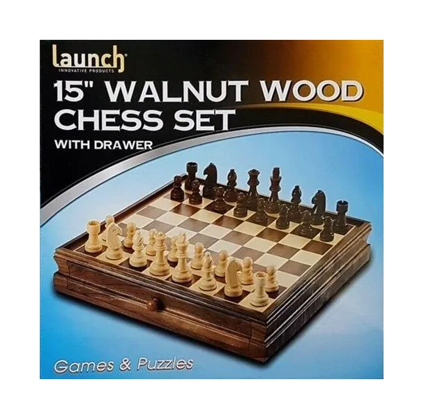 Chess Set Dlx Walnut Wood With Drawer 15"