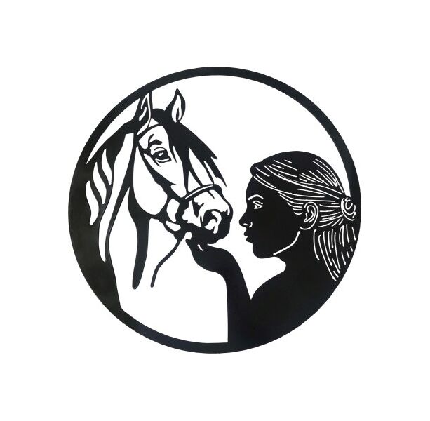 Wall Art | Round 50cm Girl w/ Horse in Circle P/C Black