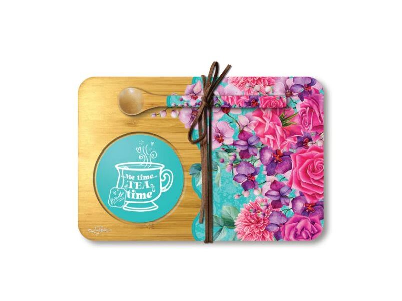 Bamboo Tea Time Tray With Spoon Rose Bouquet